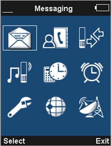 Satellite phone with Icon driven menu. Satphone - Messages, Contacts, Profiles, Settings, Call Log, Alarm, Network, GPS, Extras